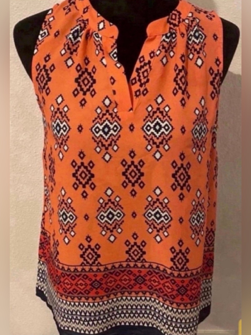Brand New Sleeveless Orange Printed V-Neck Women's Top (Size S)